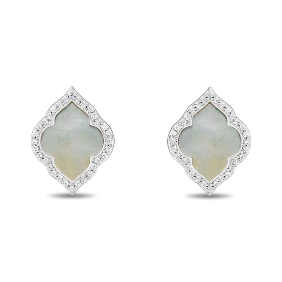 Enchanted Disney Jasmine Mother-of-Pearl and 1/6 CT. T.w. Diamond Quatrefoil Frame Stud Earrings in Sterling Silver