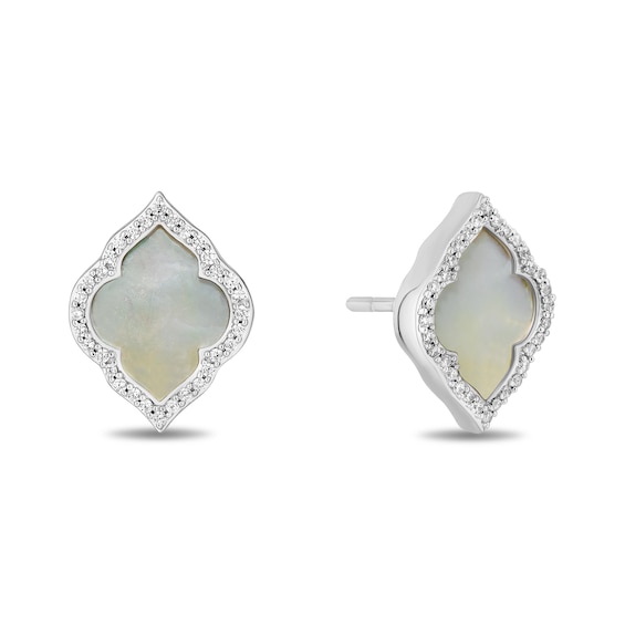 Enchanted Disney Jasmine Mother-of-Pearl and 1/6 CT. T.w. Diamond Quatrefoil Frame Stud Earrings in Sterling Silver