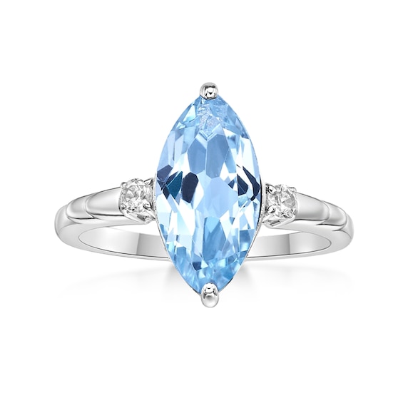Marquise-Cut Sky Blue Topaz and White Lab-Created Sapphire Three Stone Ring in Sterling Silver
