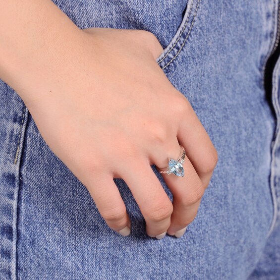 Marquise-Cut Sky Blue Topaz and White Lab-Created Sapphire Three Stone Ring Sterling Silver