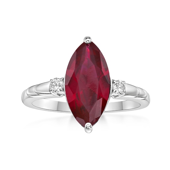 Marquise-Cut Lab-Created Ruby and White Lab-Created Sapphire Three Stone Ring in Sterling Silver