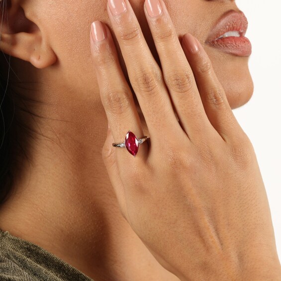 Marquise-Cut Lab-Created Ruby and White Sapphire Three Stone Ring Sterling Silver