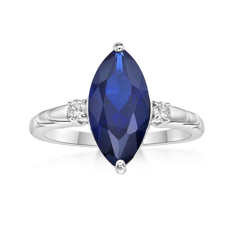 Main Image 1 of Marquise-Cut Blue and White Lab-Created Sapphire Three Stone Ring in Sterling Silver