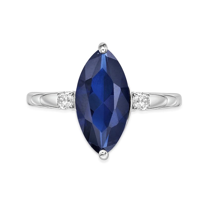 Main Image 2 of Marquise-Cut Blue and White Lab-Created Sapphire Three Stone Ring in Sterling Silver