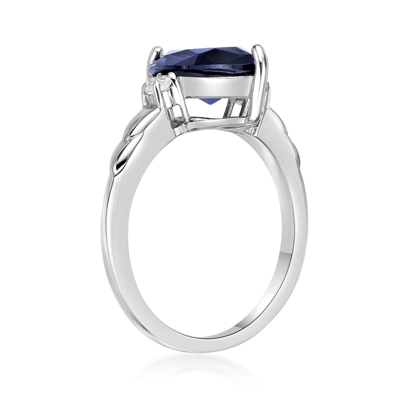 Main Image 3 of Marquise-Cut Blue and White Lab-Created Sapphire Three Stone Ring in Sterling Silver