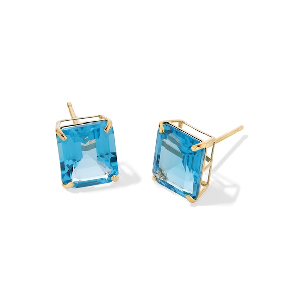 Emerald-Cut Swiss Blue Topaz Solitaire Stud Earrings in Solid 10K Gold
