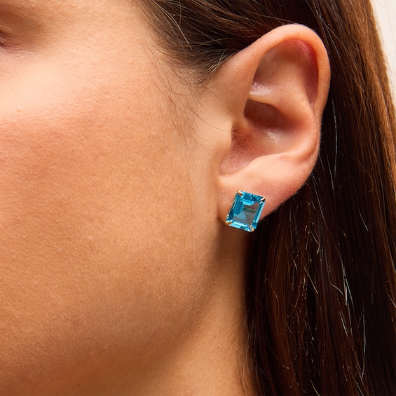 Emerald-Cut Swiss Blue Topaz Solitaire Stud Earrings in Solid 10K Gold