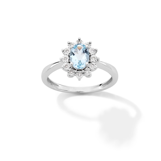 Oval Aquamarine and Diamond Accent Sunburst Frame Ring in 10K White Gold