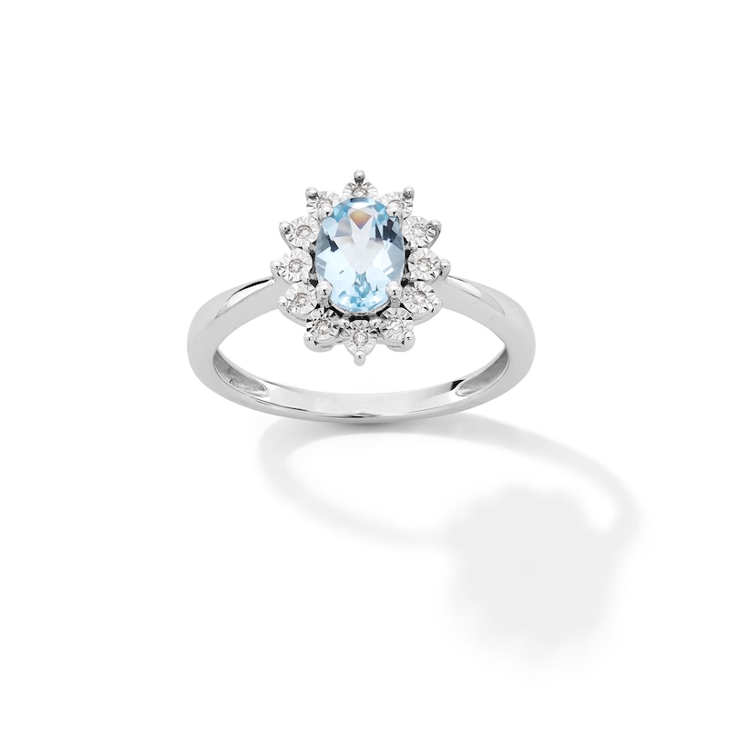 Main Image 1 of Oval Aquamarine and Diamond Accent Sunburst Frame Ring in 10K White Gold