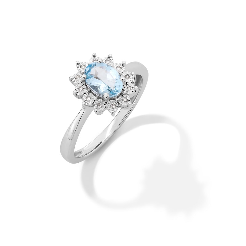 Main Image 3 of Oval Aquamarine and Diamond Accent Sunburst Frame Ring in 10K White Gold