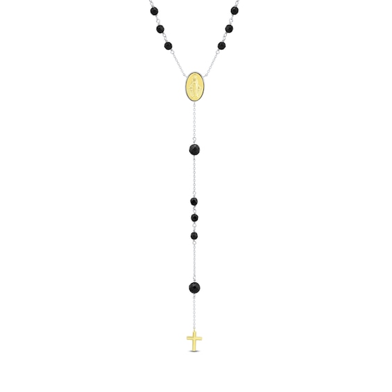 Onyx Bead Rosary Necklace in Sterling Silver and 10K Gold - 27"