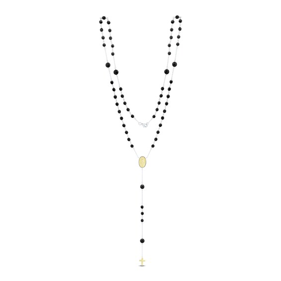 Onyx Bead Rosary Necklace in Sterling Silver and 10K Gold - 27"
