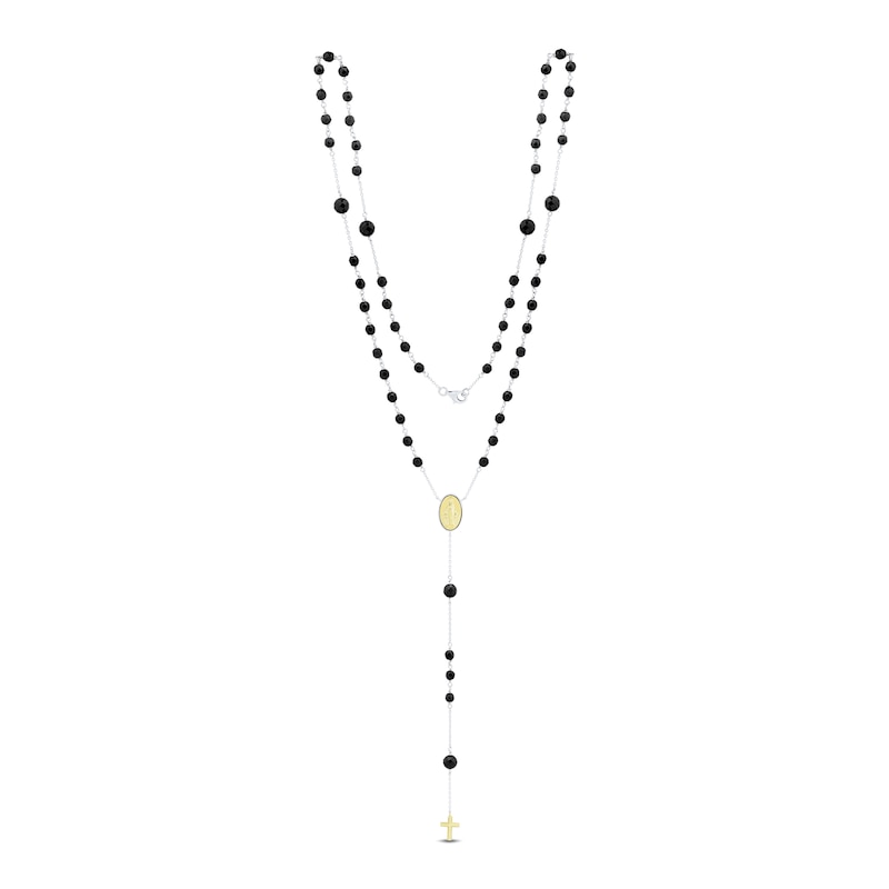 Main Image 2 of Onyx Bead Rosary Necklace in Sterling Silver and 10K Gold - 27"