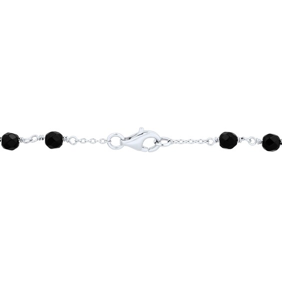 Onyx Bead Rosary Necklace in Sterling Silver and 10K Gold - 27"