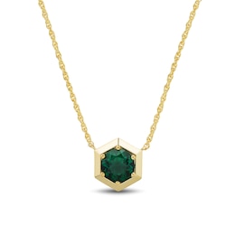 7.0mm Lab-Created Emerald Solitaire Hexagon Frame Necklace in Sterling Silver with 14K Gold Plate