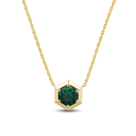 7.0mm Lab-Created Emerald Solitaire Hexagon Frame Necklace in Sterling Silver with 14K Gold Plate