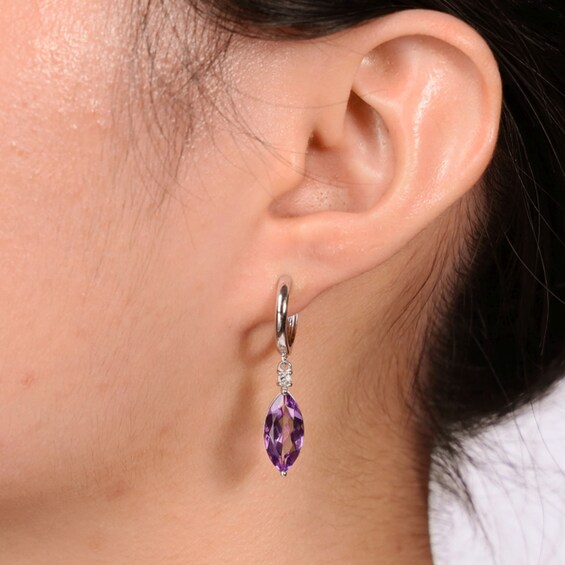 Marquise-Cut Amethyst and White Lab-Created Sapphire Hoop Drop Earrings in Sterling Silver