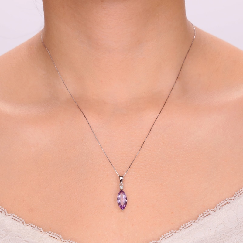 Main Image 4 of Marquise-Cut Amethyst and White Lab-Created Sapphire Drop Pendant in Sterling Silver