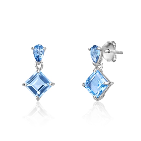 6.0mm Octagon-Shaped Sky Blue Topaz and Pear-Shaped London Blue Topaz Drop Earrings in Sterling Silver