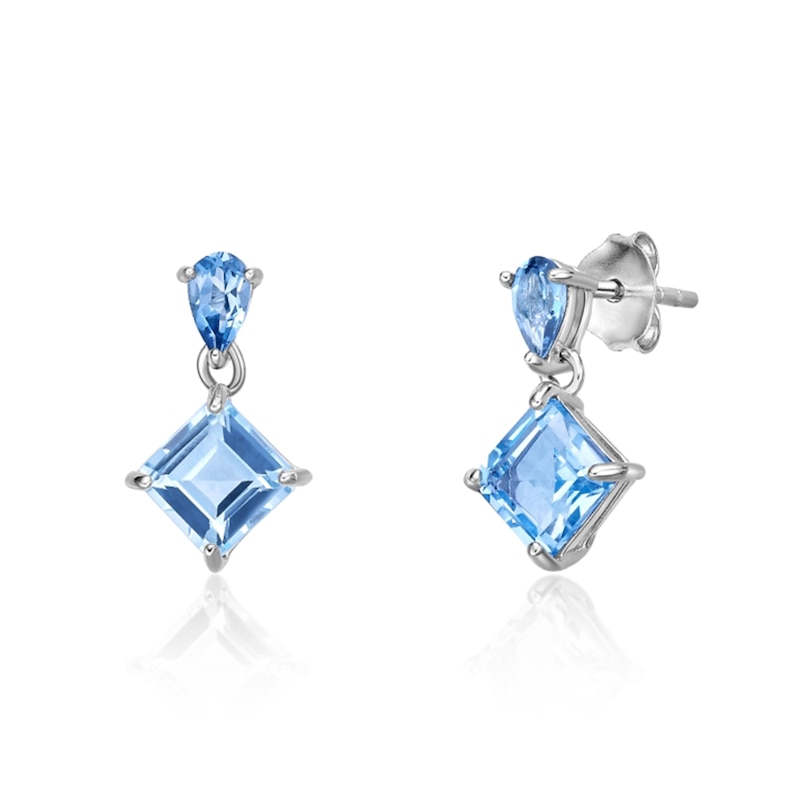 Main Image 1 of 6.0mm Octagon-Shaped Sky Blue Topaz and Pear-Shaped London Blue Topaz Drop Earrings in Sterling Silver