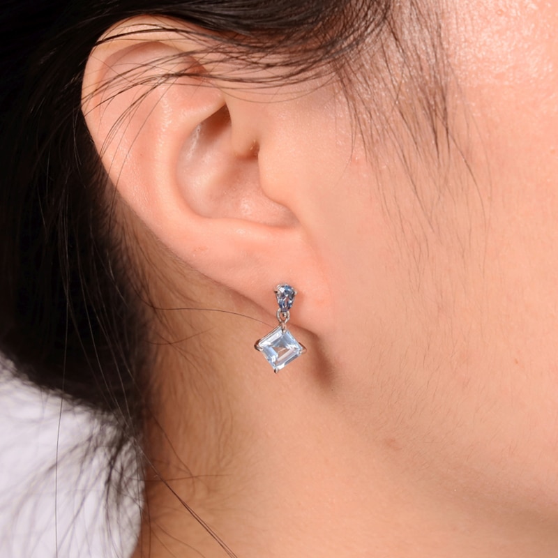 Main Image 4 of 6.0mm Octagon-Shaped Sky Blue Topaz and Pear-Shaped London Blue Topaz Drop Earrings in Sterling Silver