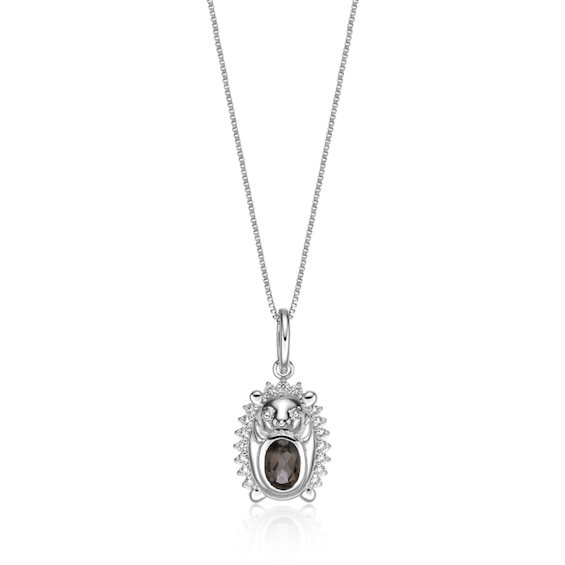 Oval Smoky Quartz and White Lab-Created Sapphire Hedgehog Pendant in Sterling Silver