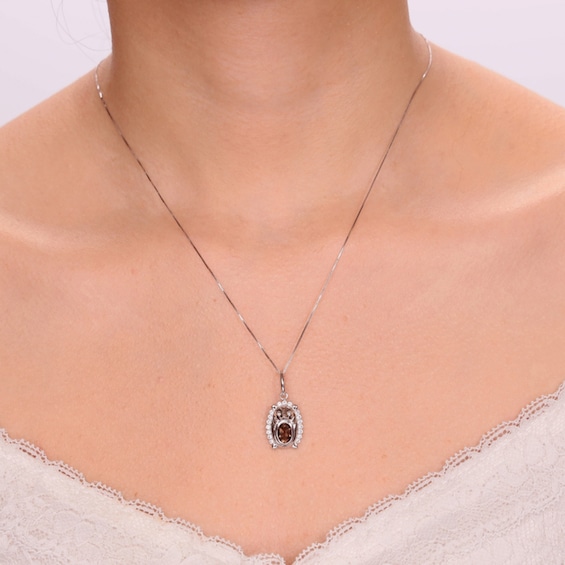 Oval Smoky Quartz and White Lab-Created Sapphire Hedgehog Pendant in Sterling Silver