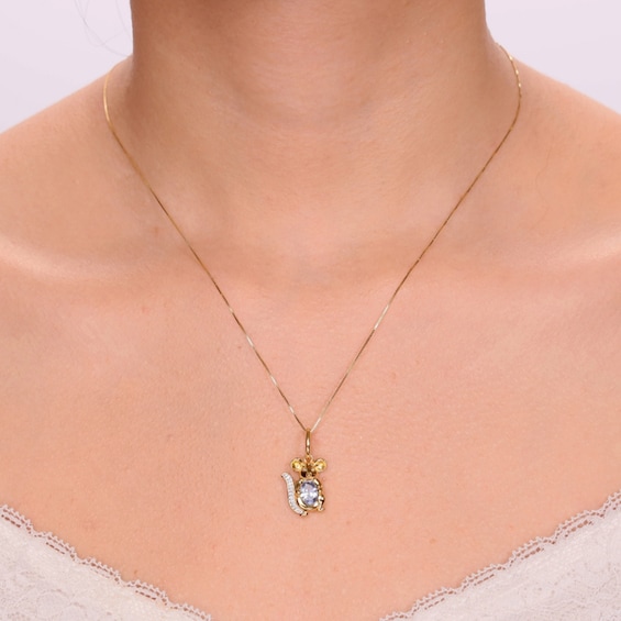 Oval Simulated Aquamarine and White Lab-Created Sapphire Mouse Pendant in Sterling Silver with 18K Gold Plate