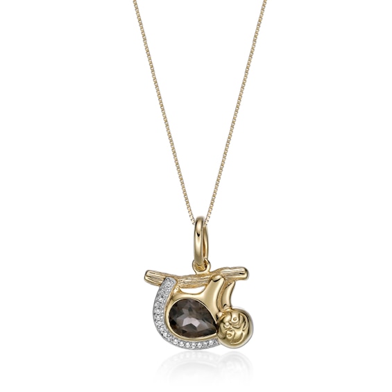 Pear-Shaped Smoky Quartz and White Lab-Created Sapphire Sloth Pendant in Sterling Silver with 18K Gold Plate