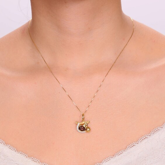 Pear-Shaped Smoky Quartz and White Lab-Created Sapphire Sloth Pendant in Sterling Silver with 18K Gold Plate