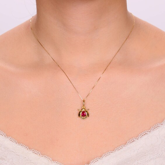Oval Lab-Created Ruby and Black Spinel Ladybug Pendant in Sterling Silver with 18K Gold Plate