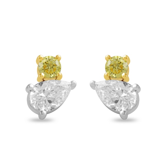 1 CT. T.w. Pear-Shaped and Round Certified White and Yellow Lab-Grown Diamond Stud Earrings in 10K Two-Tone Gold