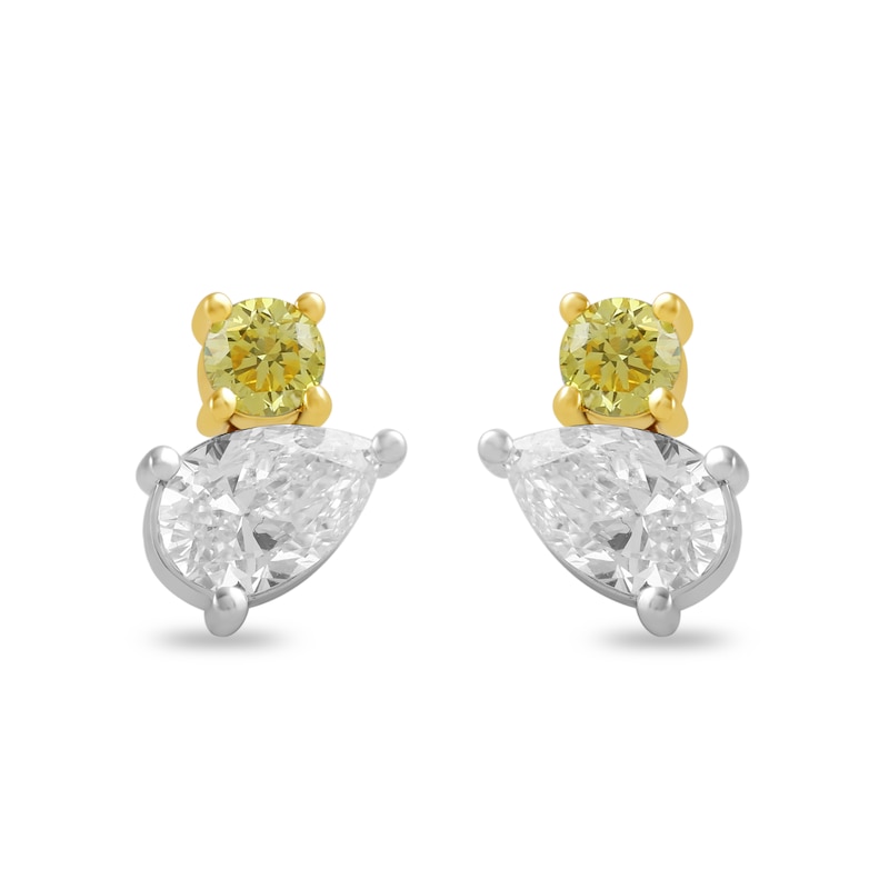 Main Image 1 of 1 CT. T.W. Pear-Shaped and Round Certified White and Yellow Lab-Grown Diamond Stud Earrings in 10K Two-Tone Gold