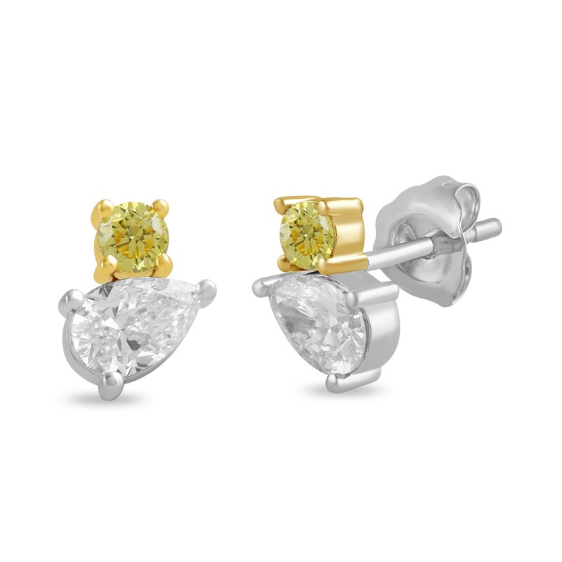 Main Image 2 of 1 CT. T.W. Pear-Shaped and Round Certified White and Yellow Lab-Grown Diamond Stud Earrings in 10K Two-Tone Gold