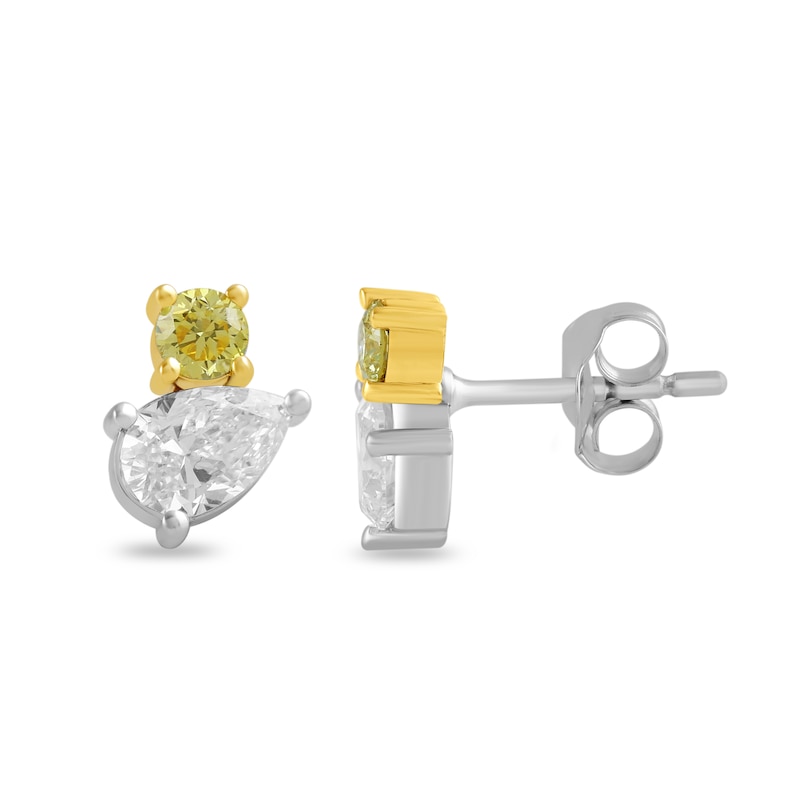 Main Image 3 of 1 CT. T.W. Pear-Shaped and Round Certified White and Yellow Lab-Grown Diamond Stud Earrings in 10K Two-Tone Gold