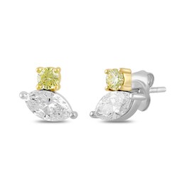 1 CT. T.W. Marquise and Round Certified White and Yellow Lab-Created Diamond Stud Earrings in 10K Two-Tone Gold