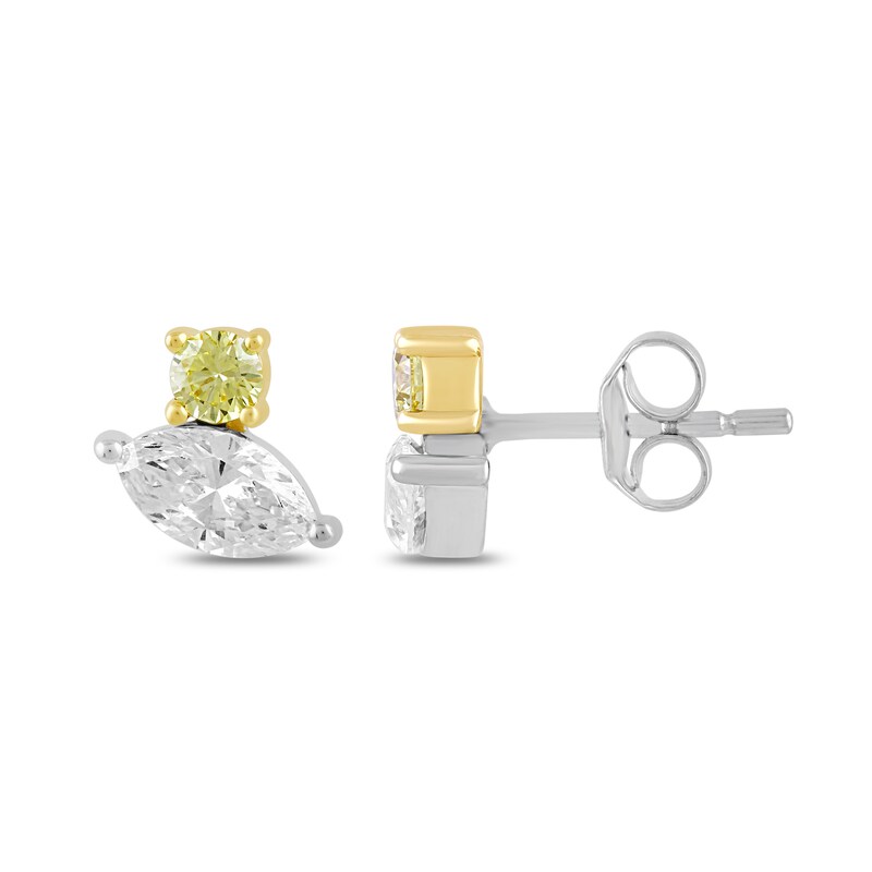 Main Image 2 of 1 CT. T.W. Marquise and Round Certified White and Yellow Lab-Grown Diamond Stud Earrings in 10K Two-Tone Gold
