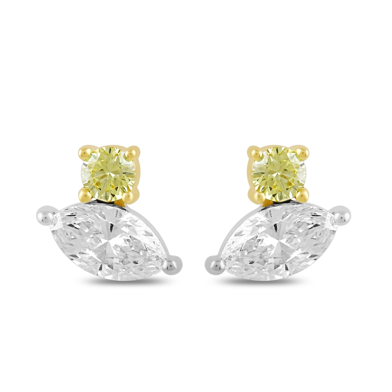 Main Image 3 of 1 CT. T.W. Marquise and Round Certified White and Yellow Lab-Grown Diamond Stud Earrings in 10K Two-Tone Gold