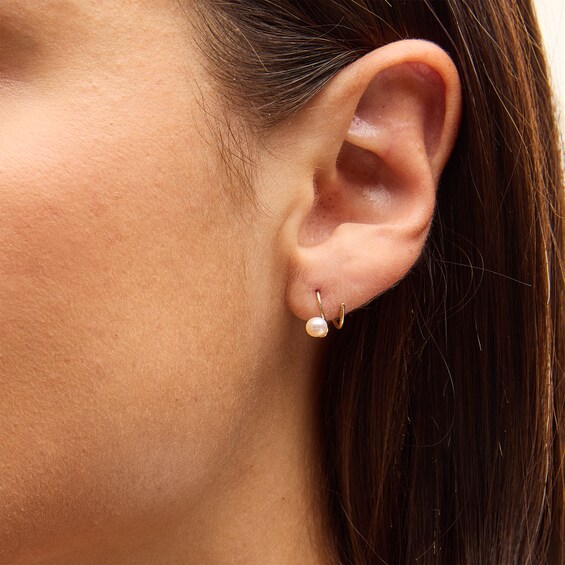 4.0mm Freshwater Cultured Pearl Threader Hoop Earrings in Solid 10K Gold
