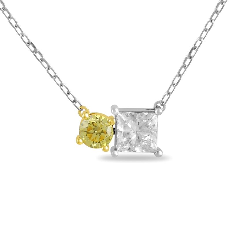 Main Image 1 of 1 CT. T.W. Princess-Cut and Round Certified White and Yellow Lab-Grown Diamond Necklace in 10K Two-Tone Gold