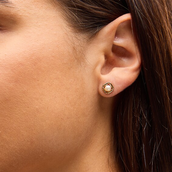 4.0mm Freshwater Cultured Pearl Solitaire Square Frame Stud Earrings in Solid 10K Gold