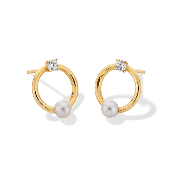Freshwater Cultured Pearl and White Lab-Created Sapphire Open Circle Stud Earrings in Solid 10K Gold