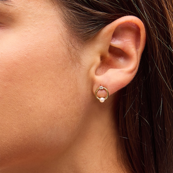 Freshwater Cultured Pearl and White Lab-Created Sapphire Open Circle Stud Earrings in Solid 10K Gold