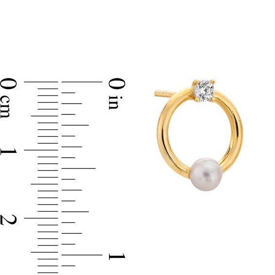 Freshwater Cultured Pearl and White Lab-Created Sapphire Open Circle Stud Earrings in Solid 10K Gold