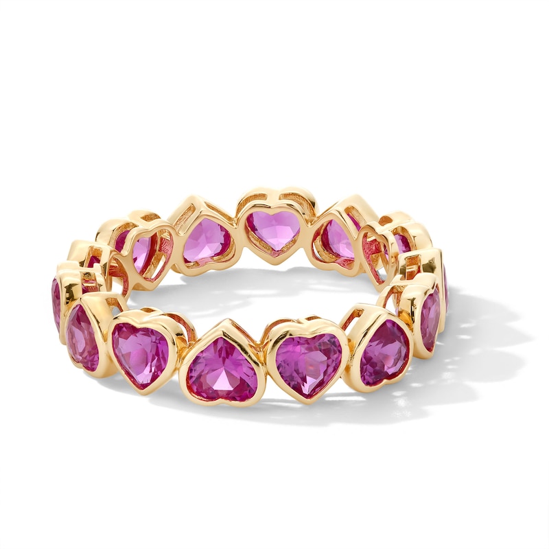 Main Image 1 of 4.0mm Heart-Shaped Pink Lab-Created Sapphire Alternating Eternity Band in 10K Gold - Size 7