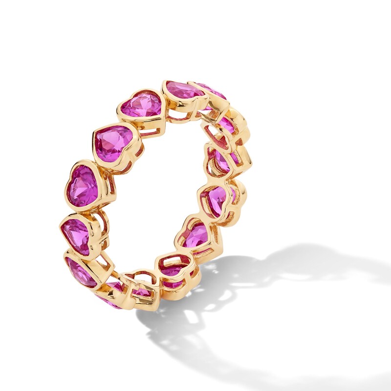Main Image 3 of 4.0mm Heart-Shaped Pink Lab-Created Sapphire Alternating Eternity Band in 10K Gold - Size 7