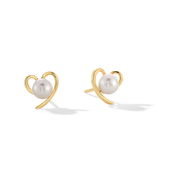 4.0mm Freshwater Cultured Pearl Solitaire Heart Stud Earrings in Solid 10K Gold