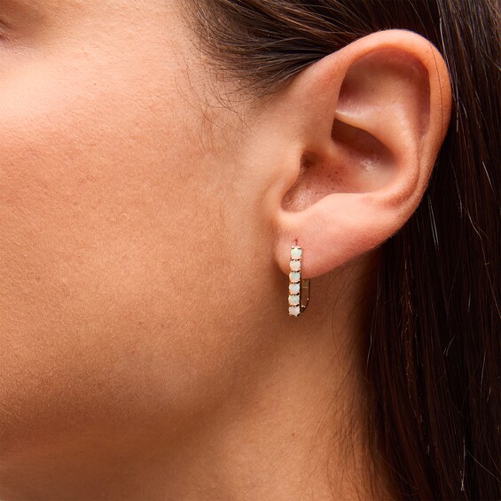 Lab-Created Opal Rectangular Huggie Hoop Earrings in Solid 10K Gold