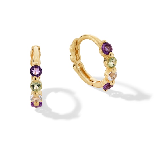 Amethyst, Peridot and White Topaz Four Stone Huggie Hoop Earrings in Solid 10K Gold