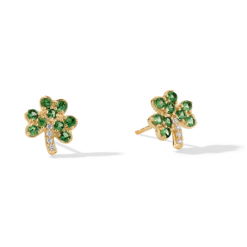 Main Image 1 of Tsavorite and White Lab-Created Sapphire Clover Stud Earrings in Solid 10K Gold